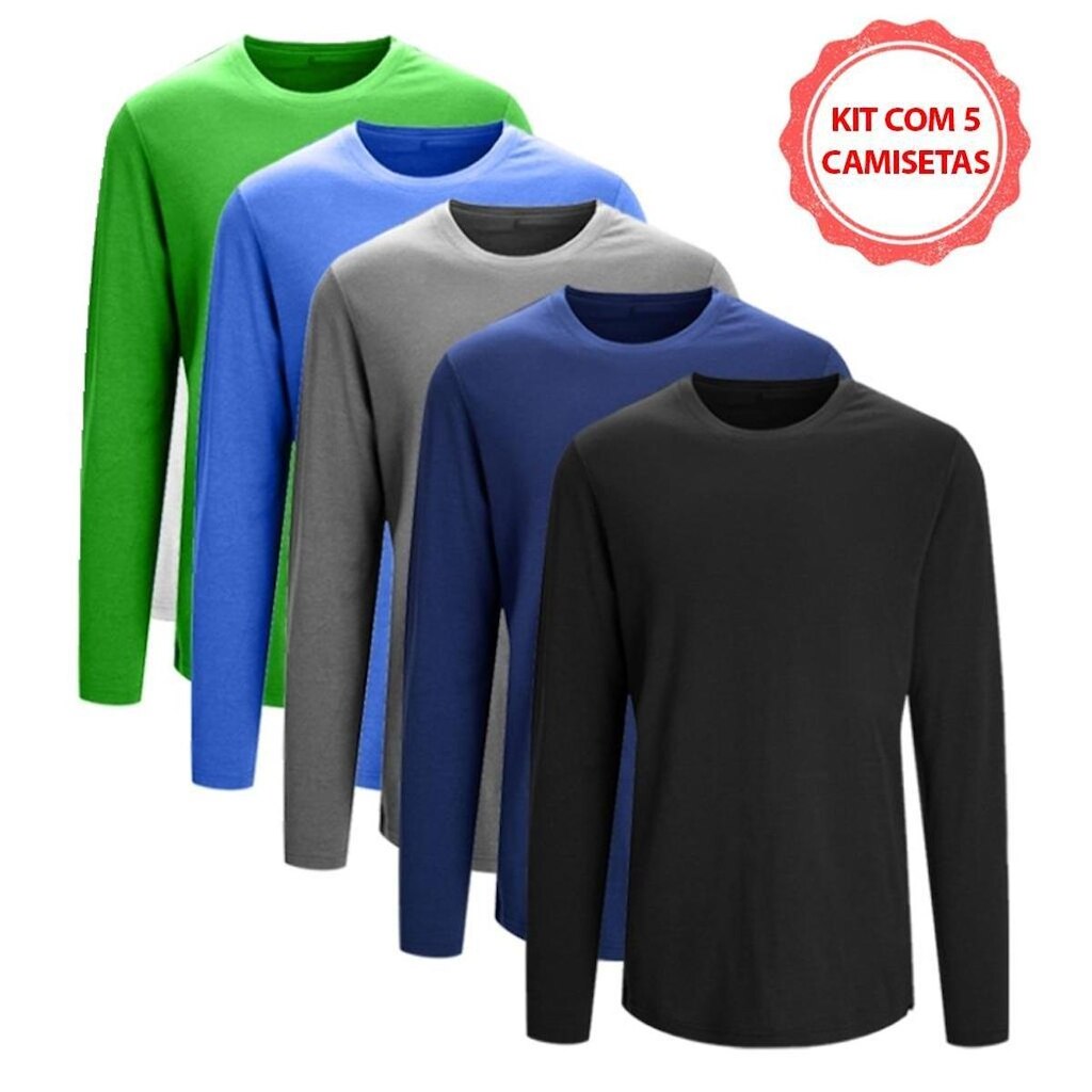 Kit com 5 Camisetas Básicas Manga Longa Masculina Confortável Dia a Dia