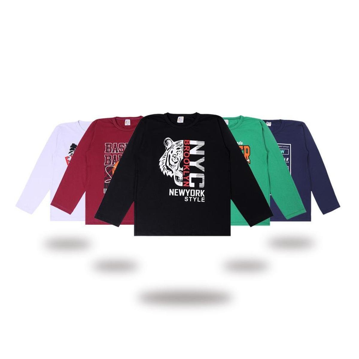 kit com 5 Camisetas de menino manga longa Inverno de Algodão Infantis e Juvenil Estampadas