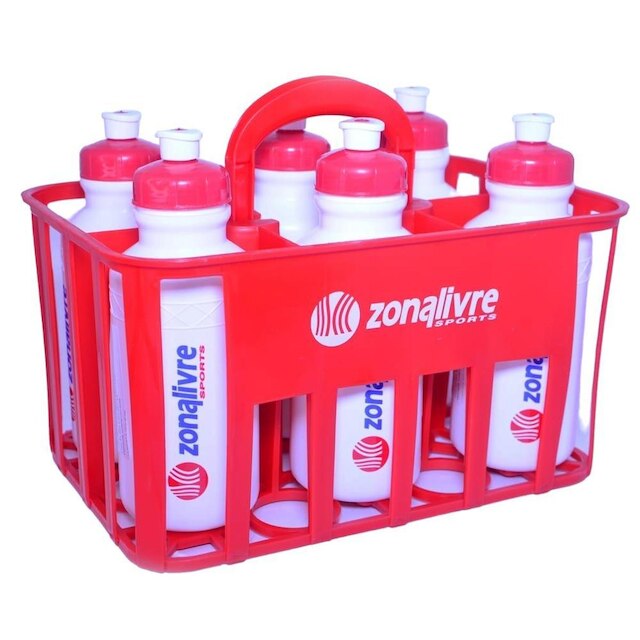 Kit com 6 Squeezes + Cesta Porta Garrafas - Vermelho Menor preço em Kit com 6 Squeezes + Cesta Porta Garrafas - Vermelho