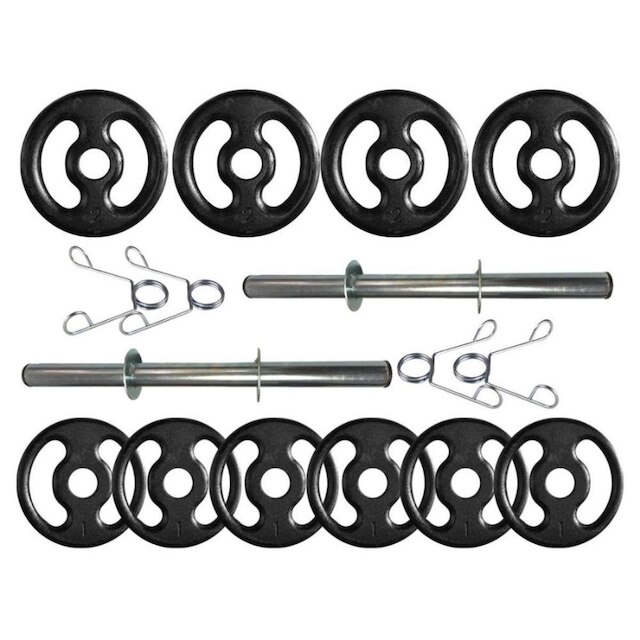 Kit com Barras de Halteres e Anilhas de Ferro - 16 Peças