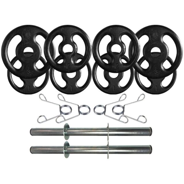 Kit com Barras de Halteres e Anilhas de Ferro Fundido - 14 Kg