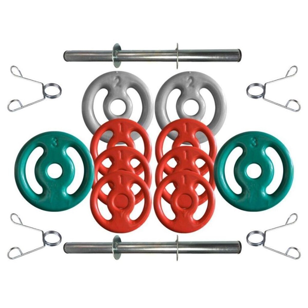 Kit com Barras de Halteres e Anilhas Emborrachadas - 16 Kg