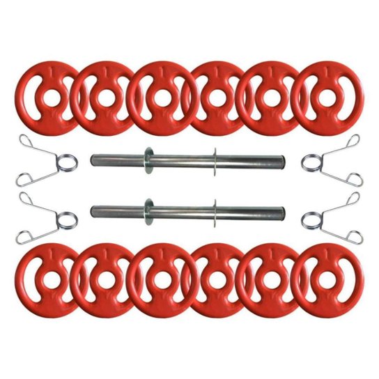 Kit com Barras de Halteres e Anilhas Emborrachadas - 18 Peças - Vermelho Menor preço em Kit com Barras de Halteres e Anilhas Emborrachadas - 18 Peças - Vermelho