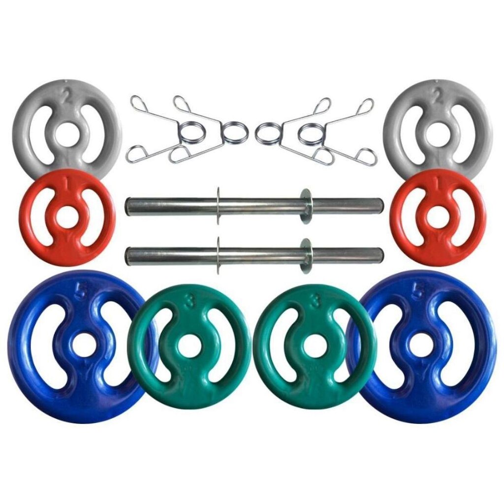 Kit com Barras de Halteres e Anilhas Emborrachadas - 22 Kg