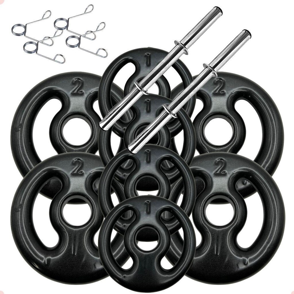 Kit com Barras de Halteres e Anilhas Emborrachadas Preta - 12 Kg
