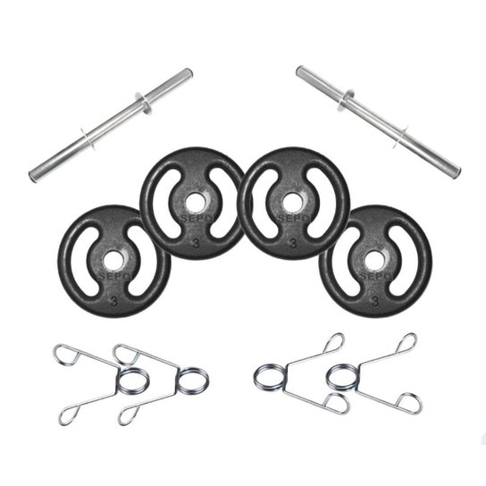 Kit Completo Musculação Fitness Barras 12kg Anilhas+Presilha - Preto Menor preço em Kit Completo Musculação Fitness Barras 12kg Anilhas+Presilha - Preto