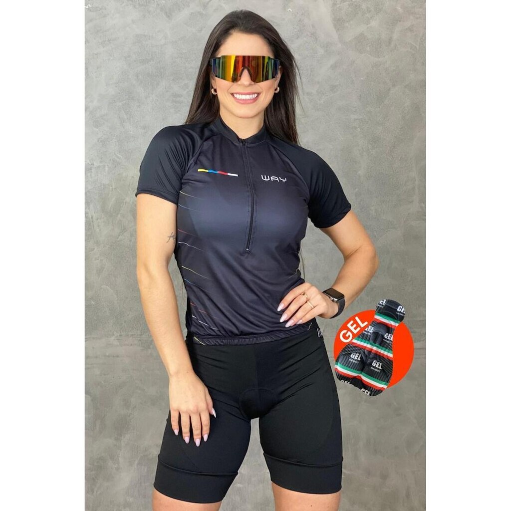 Kit Conjunto de Ciclismo Feminino Camisa e Bermuda de Gel