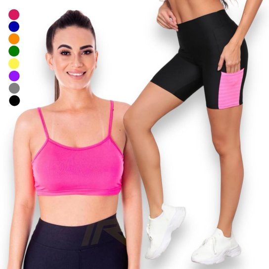 Kit conjunto TOP ALÇA FINA bojo + Short LEGGING BOLSO BÁSICA Feminino Academia Corrida 643