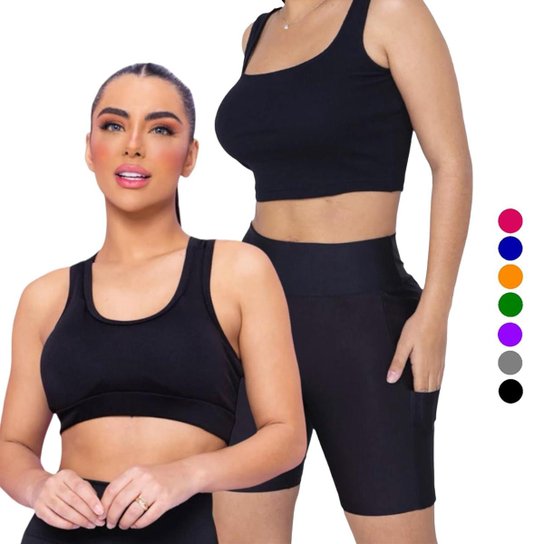 KIT conjunto TOP ALÇA MÉDIA bojo + SHORT LEGGING BOLSO Feminino Academia Corrida 649