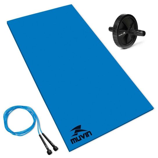 Kit Corda de Pular Ajustável + Roda de Exercícios Abdominais + Colchonete Treino em EVA Muvin - Azul Menor preço em Kit Corda de Pular Ajustável + Roda de Exercícios Abdominais + Colchonete Treino em EVA Muvin - Azul