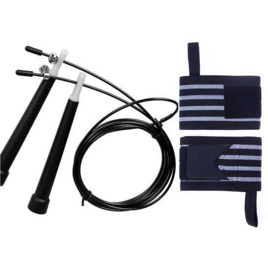 Kit Corda de Pular com Munhequeira Profissional Yangfit - Preto+Cinza Menor preço em Kit Corda de Pular com Munhequeira Profissional Yangfit - Preto+Cinza