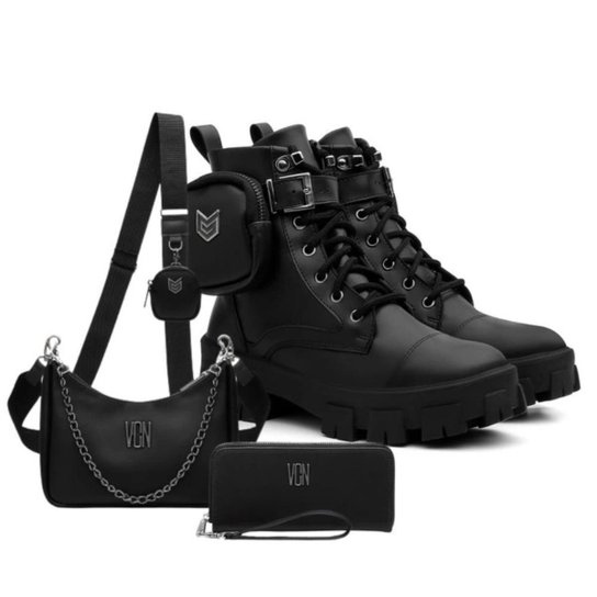 Kit Coturno Bag Feminino Tratorado + Bolsa Side + Carteira - Preto Menor preço em Kit Coturno Bag Feminino Tratorado + Bolsa Side + Carteira - Preto