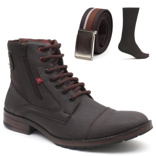 Kit Coturno Couro Masculino + Cinto + Meia Leve Dia a Dia - Café Menor preço em Kit Coturno Couro Masculino + Cinto + Meia Leve Dia a Dia - Café