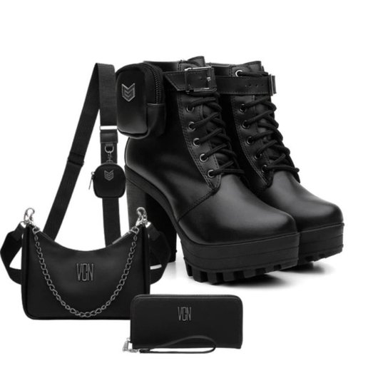 Kit Coturno Feminino Tratorado Bag + Bolsa Side + Carteira - Preto Menor preço em Kit Coturno Feminino Tratorado Bag + Bolsa Side + Carteira - Preto