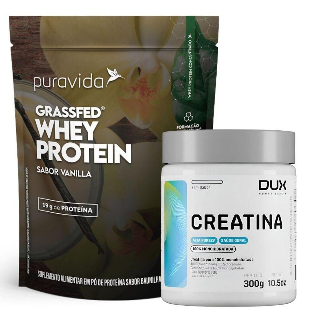Kit Creatina 300g Dux WHey Grassfred Baunilha 450g PuraVida