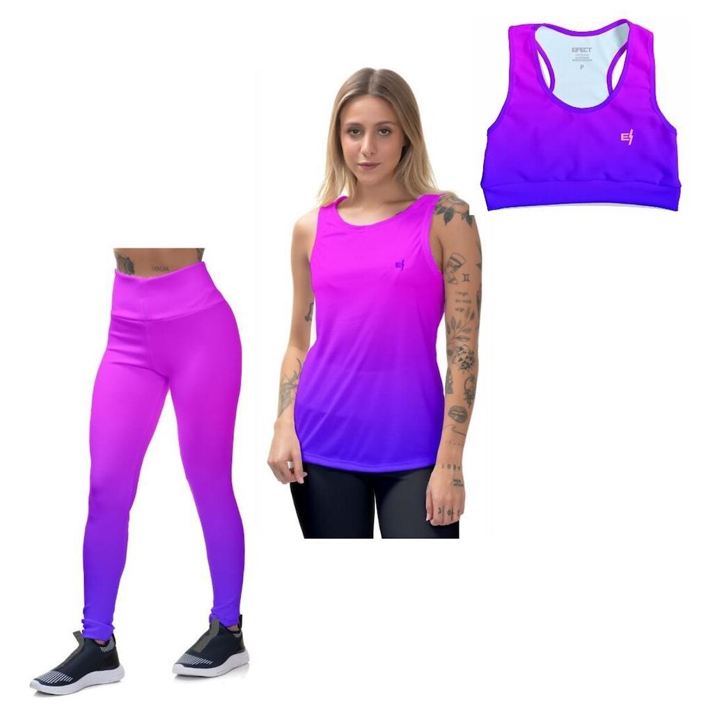 Kit Cropped Top Calça Legging Feminina Camiseta Cavada Regata Academia