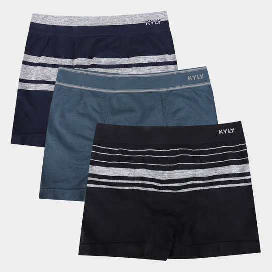 Kit Cueca Boxer Infantil Kyly Sem Costura - 3 Peças - Azul+Preto Menor preço em Kit Cueca Boxer Infantil Kyly Sem Costura - 3 Peças - Azul+Preto
