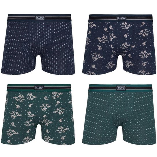 Kit Cueca Boxer Lupo Algodão com Elastano Floral 4 Peças - Marinho+Verde
