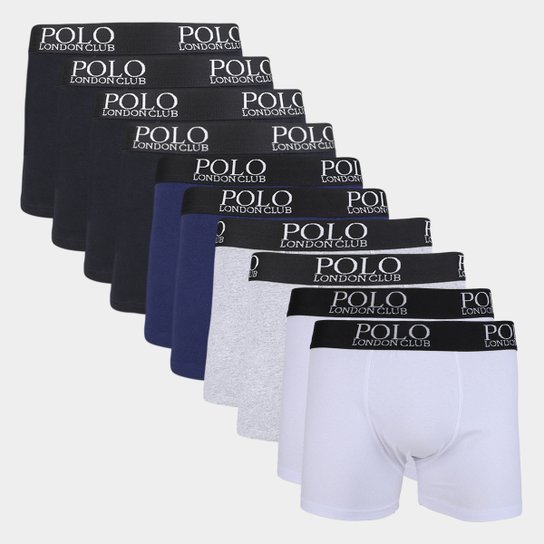 Kit Cueca Boxer Polo London Club Elástico Estampado 10 Peças - Preto+Branco Menor preço em Kit Cueca Boxer Polo London Club Elástico Estampado 10 Peças - Preto+Branco