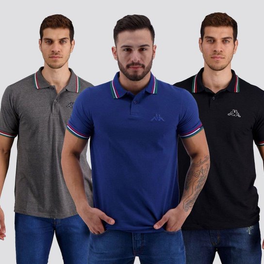 Kit de 3 Camisa Polos Kappa Fuerza Masculino - Preto+Branco Menor preço em Kit de 3 Camisa Polos Kappa Fuerza Masculino - Preto+Branco