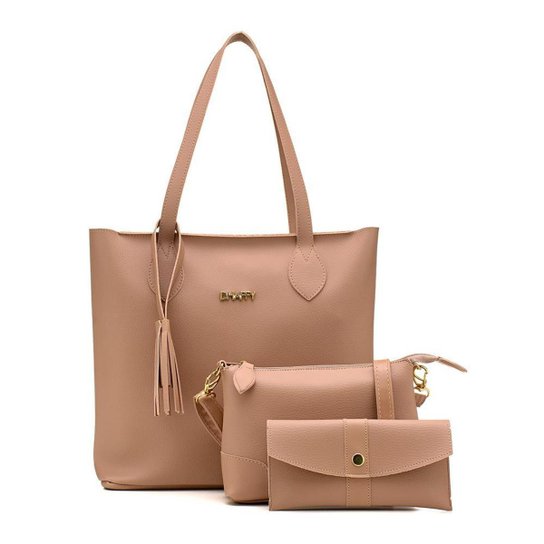 Kit de Bolsas s Grande Sacola + Transversal e Necessarie Dhaffy Feminino - Bege Menor preço em Kit de Bolsas s Grande Sacola + Transversal e Necessarie Dhaffy Feminino - Bege