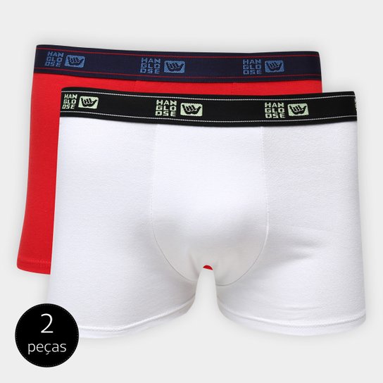 Kit de Cuecas Boxer Hang Loose Duque Elástico Bordado 2 Peças - Vermelho+Branco