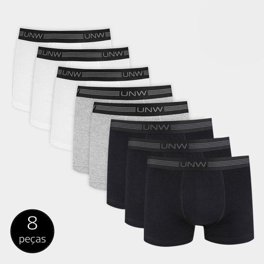 Kit de Cuecas Boxer UNW Básica 8 Peças - Branco+Cinza Menor preço em Kit de Cuecas Boxer UNW Básica 8 Peças - Branco+Cinza