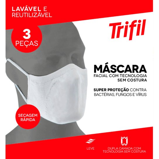 Kit De Máscaras Trifil Lavável Reutilizável 3 Unidades - Branco Menor preço em Kit De Máscaras Trifil Lavável Reutilizável 3 Unidades - Branco