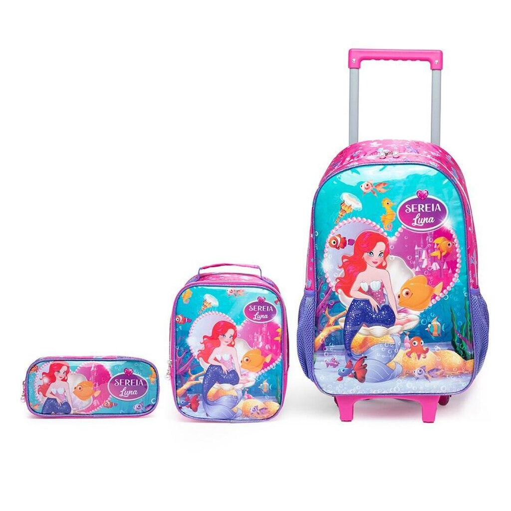 Kit de Mochila de Rodinha Estojo e Lancheira Escolar Infantil