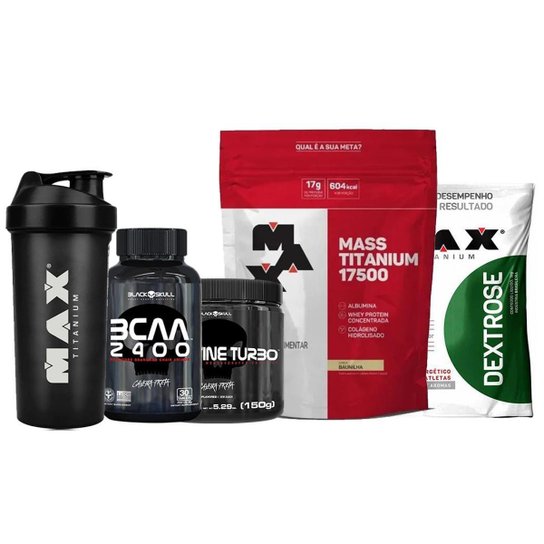 Kit de suplementos para ganho de peso força e energia massa muscular Max titanium e Black Skull. Menor preço em Kit de suplementos para ganho de peso força e energia massa muscular Max titanium e Black Skull.