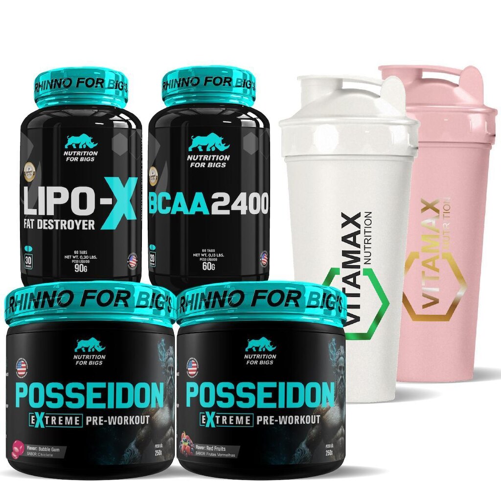 Kit Duplo 2x Coqueteleira + 2x Pré Treino Posseidon + BCAA 2400 + Termogenico
