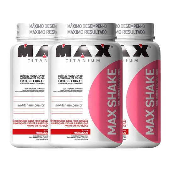 Kit Emagracimento 3x Max Shake - Morango - 400g Max Titanium Menor preço em Kit Emagracimento 3x Max Shake - Morango - 400g Max Titanium