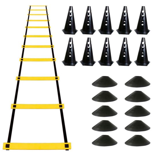 Kit Escada de Agilidade + 10 Chápeus Chinês Preto + 10 Cones Furados - Preto+Amarelo