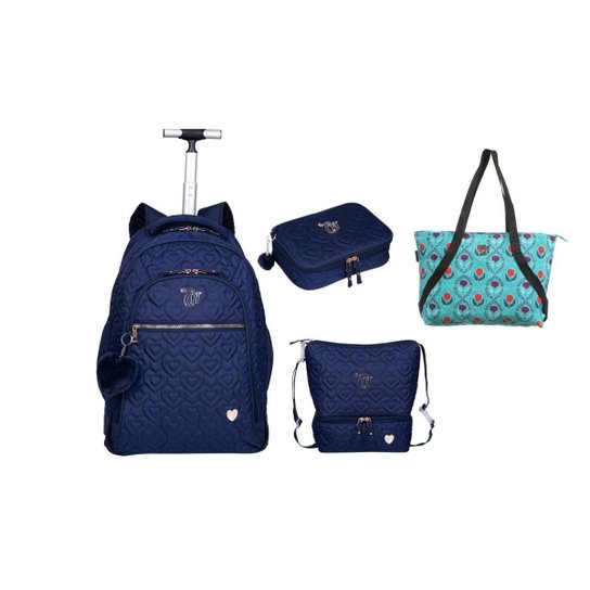 Kit Escola Capricho Love Mochila + Lancheira + Estojo + Bols - Azul Menor preço em Kit Escola Capricho Love Mochila + Lancheira + Estojo + Bols - Azul