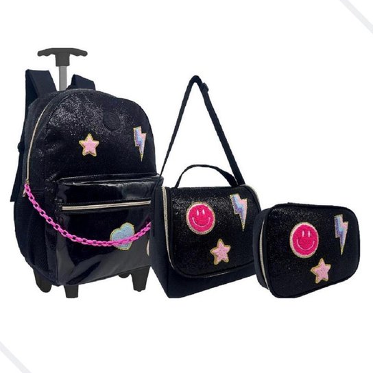 Kit escolar bolsa mochila rodinha infantil feminina paetê - Preto Menor preço em Kit escolar bolsa mochila rodinha infantil feminina paetê - Preto