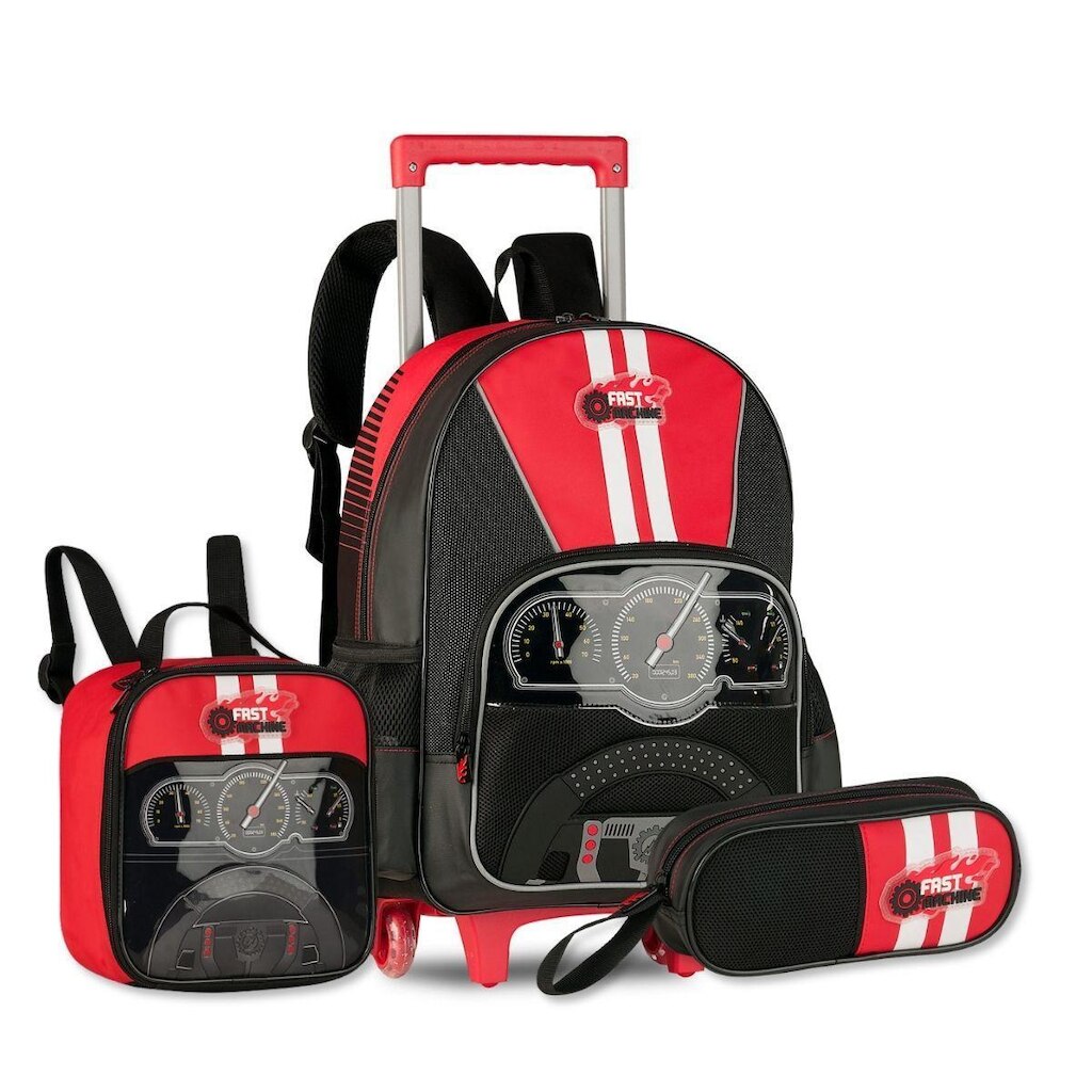 Kit Escolar Carros com Mochila Rodinhas Lancheira e Estojo