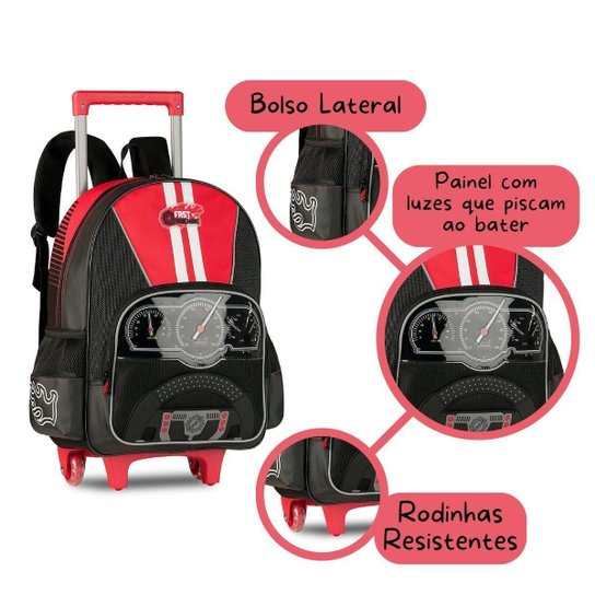 Kit Escolar Carros com Mochila Rodinhas Lancheira e Estojo