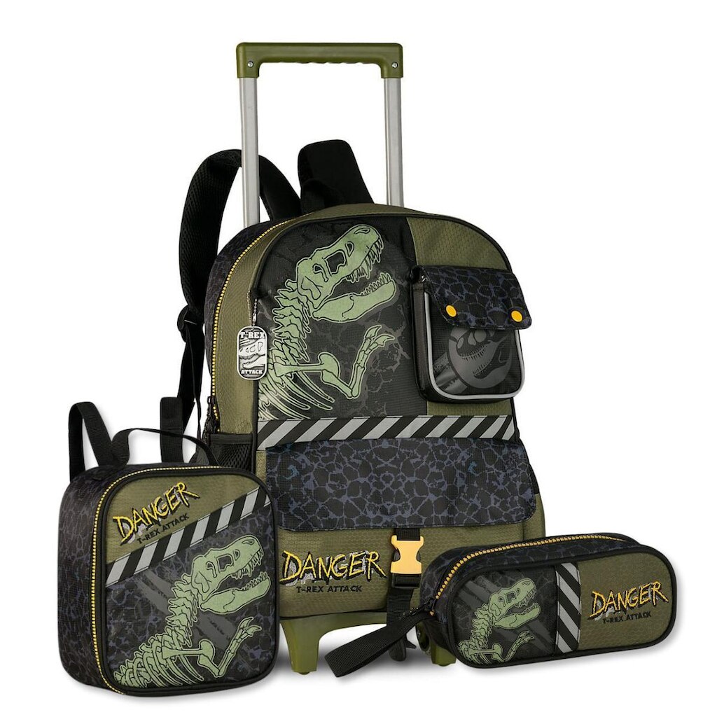 Kit Escolar Dinossauros Mochila Rodinhas com Lancheira e Estojo