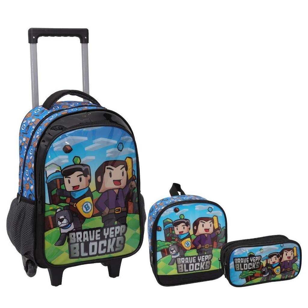 Kit Escolar  Mochila Rodinha Lancheira Estojo Block Game