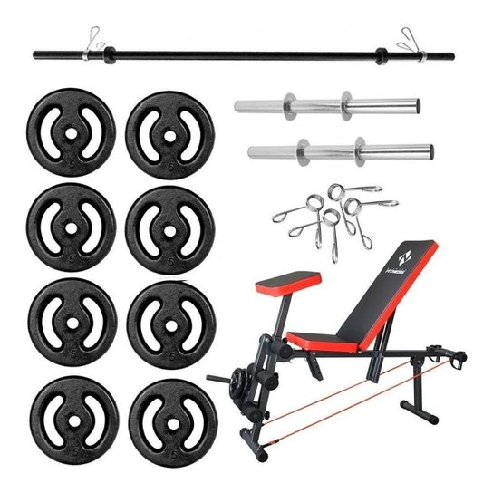 Kit Estação Musculação Banqueta 40kg Anilhas + Halteres 40 Cm + Banco 7x1 + Barra 120cm - Preto+Vermelho Menor preço em Kit Estação Musculação Banqueta 40kg Anilhas + Halteres 40 Cm + Banco 7x1 + Barra 120cm - Preto+Vermelho