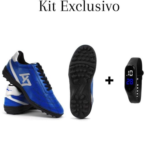 Kit Exclusivo Chuteira Campo Society Masculina + Relógio Led Digital Original A7 - Azul Menor preço em Kit Exclusivo Chuteira Campo Society Masculina + Relógio Led Digital Original A7 - Azul