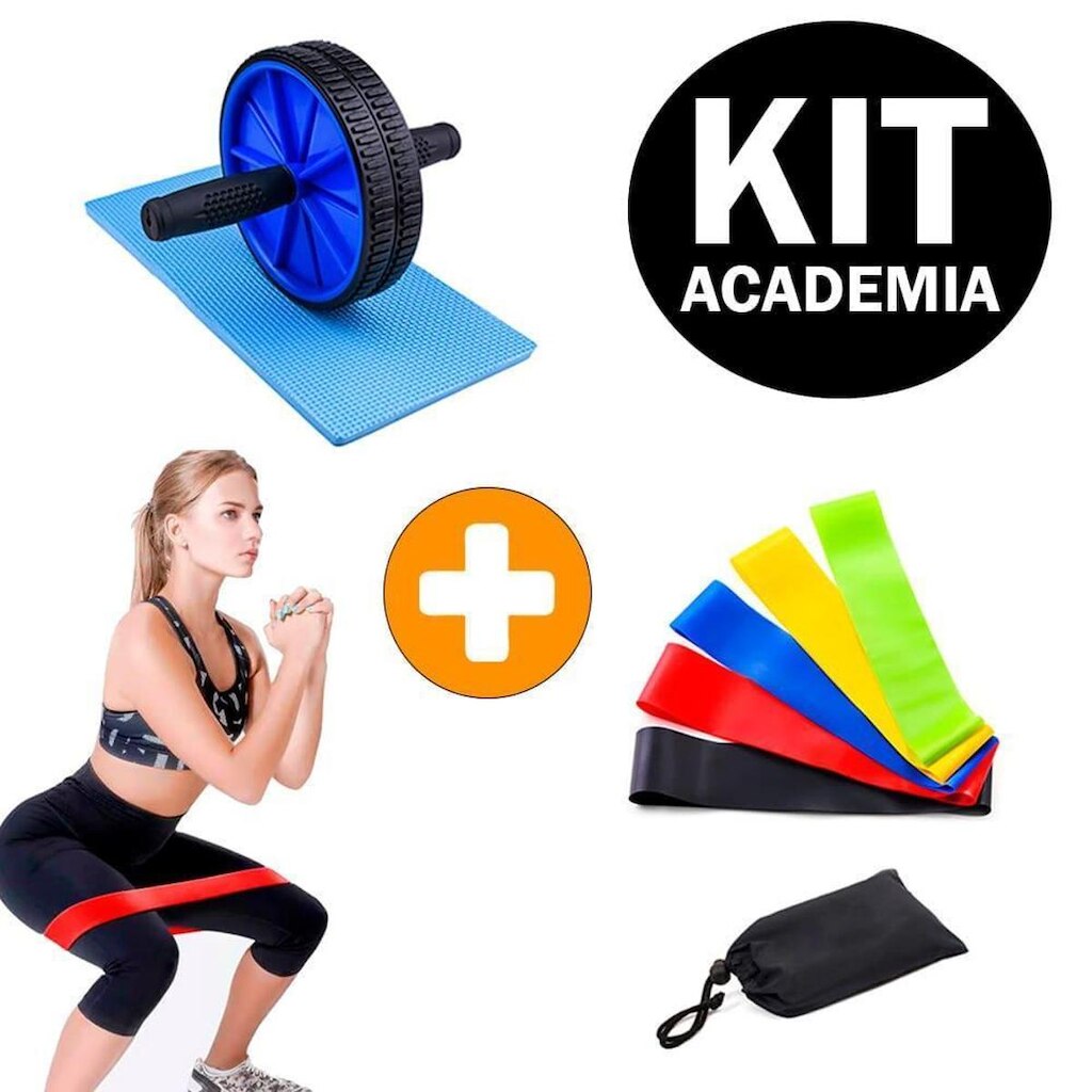 Kit Faixas Elásticas Mini Band + Roda Abdominal Exercícios Lombar