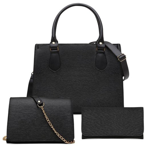 kit Feminino 3 em 1 Bolsa Lateral + Bolsa Transversal + Carteira preta - Preto Menor preço em kit Feminino 3 em 1 Bolsa Lateral + Bolsa Transversal + Carteira preta - Preto