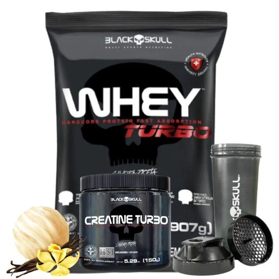 KIT GANHO DE MASSA MUSCULAR : WHEY TURBO 907 G + CREATINA TURBO 150 G + COQUETELEIRA BLACK SKULL Menor preço em KIT GANHO DE MASSA MUSCULAR : WHEY TURBO 907 G + CREATINA TURBO 150 G + COQUETELEIRA BLACK SKULL