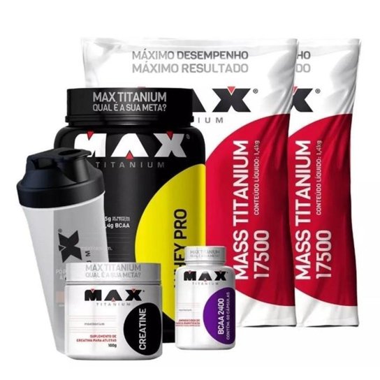 Kit Ganho De Massa Whey Pro + 2X Mass + Bcaa + Creatine + Coqueteleira Max Titanium Menor preço em Kit Ganho De Massa Whey Pro + 2X Mass + Bcaa + Creatine + Coqueteleira Max Titanium