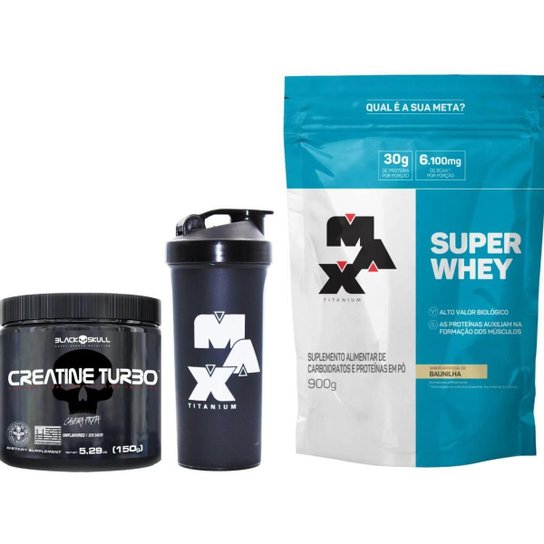 KIT GANHO DE MUSCULO E FORÇA : SUPER WHEY 900 G MAX + CREATINA TURBO 150 G BLACK SKULL + COPO Menor preço em KIT GANHO DE MUSCULO E FORÇA : SUPER WHEY 900 G MAX + CREATINA TURBO 150 G BLACK SKULL + COPO
