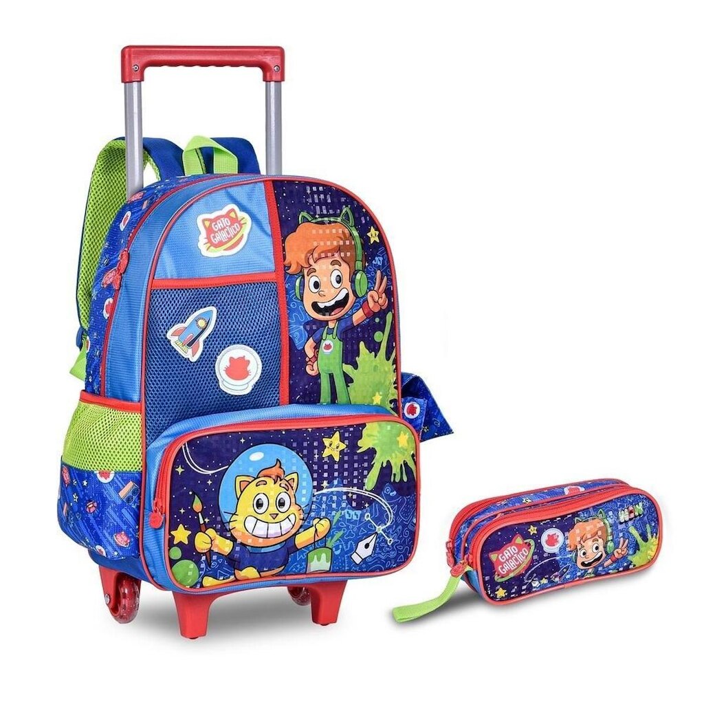 KIT GATO GALACTICO MOCHILA CARRINHO COM ESTOJO DUPLO ESCOLAR