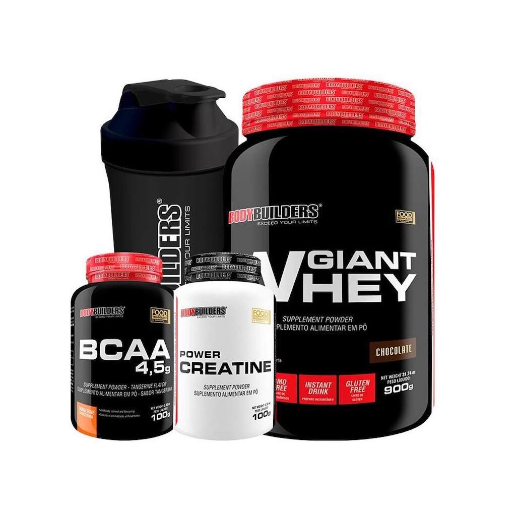 KIT Giant Whey 900g +  Creatina 100g + BCAA 100g + Coqueteleira - Bodybuilders