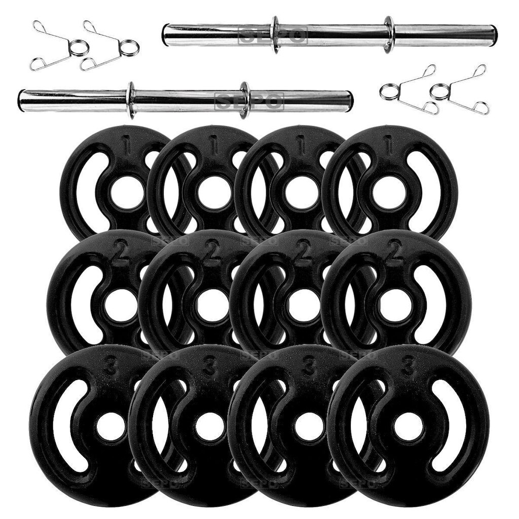 Kit Halteres 24Kg em Anilhas Emborrachadas Pretas com Barras de 40cm
