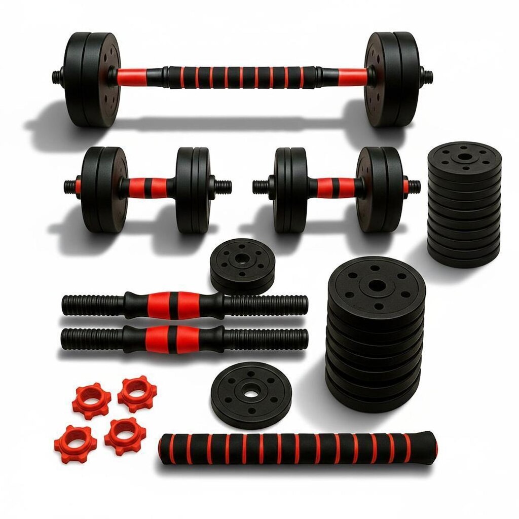 Kit Halteres Ajustáveis 6 em 1 com Barra e Anilhas Treino em casa 30kg